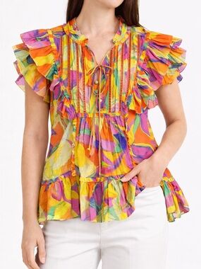 Alivia Veronica Top XS Colorful Abstract Floral Ruffle Blouse Tie Neck